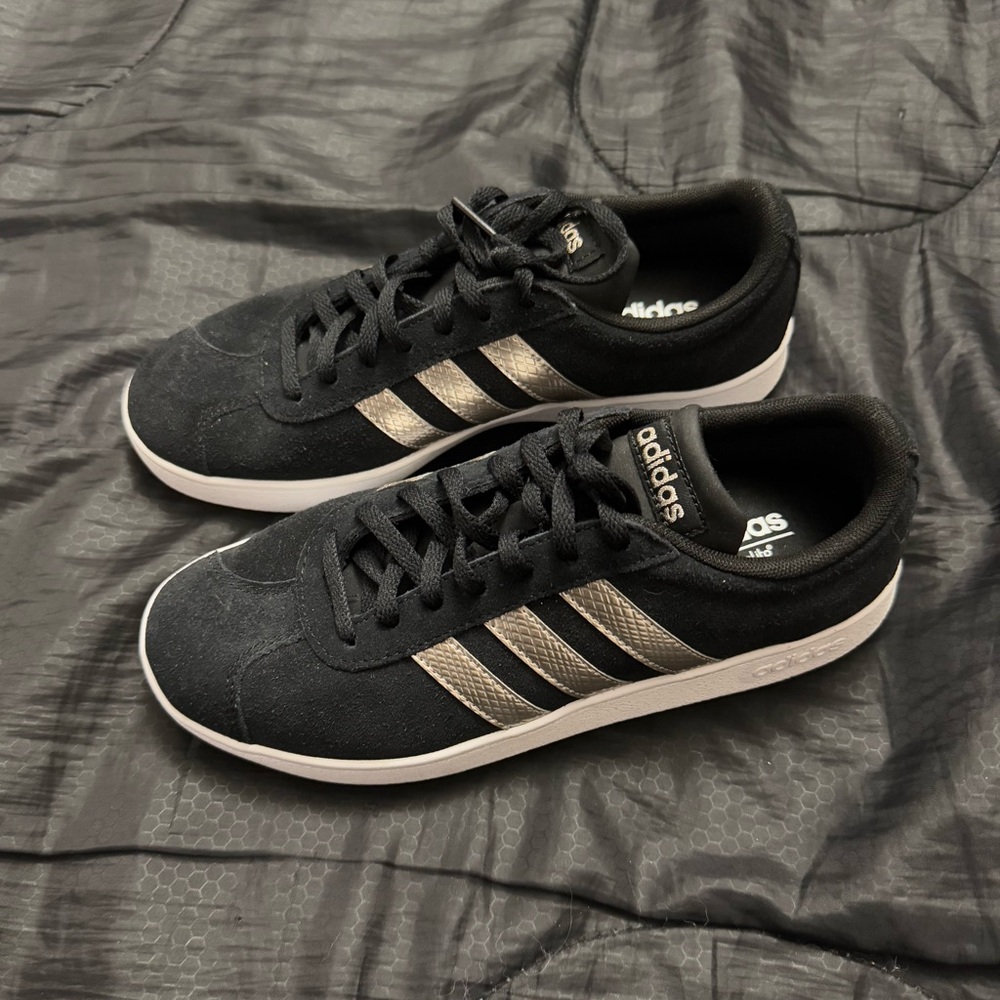 Adidas Women’s  Black Suede Sneakers with White Stripes